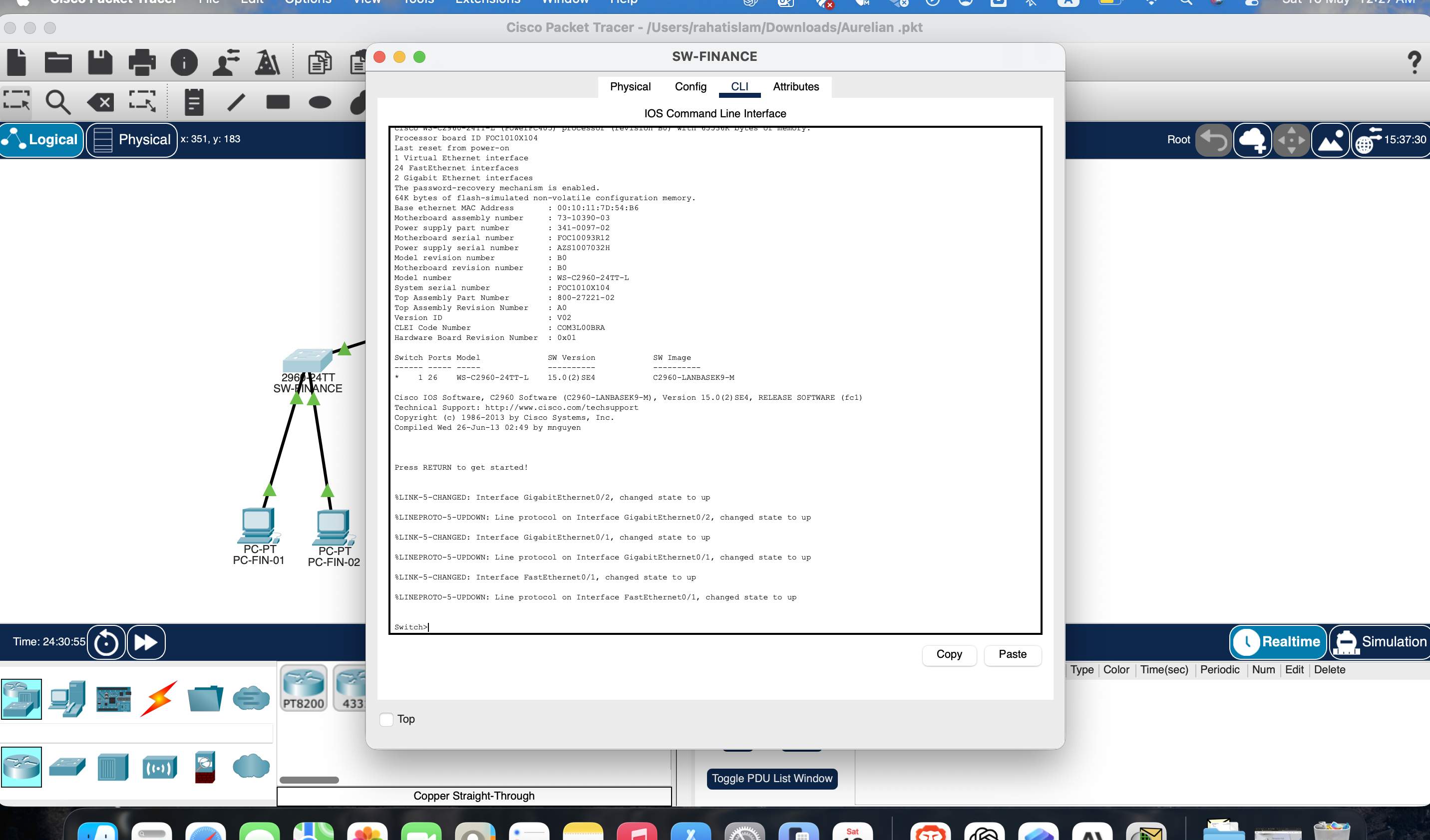 Packet Tracer CLI screenshot showing switch command line output