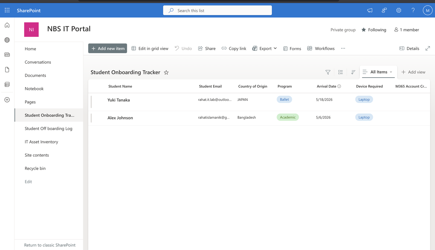 Student Onboarding Tracker with sample international student records