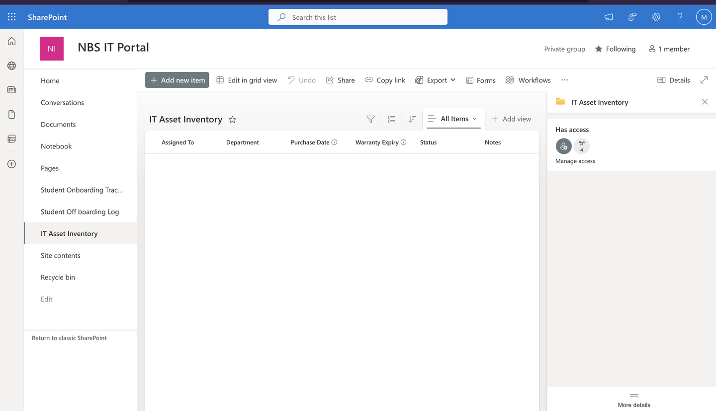 IT Asset Inventory list in SharePoint IT Operations Portal
