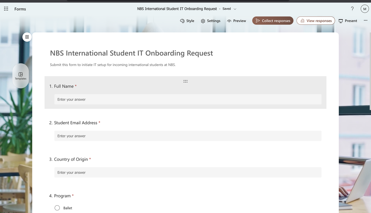 International Student IT Onboarding Request form with 7 fields