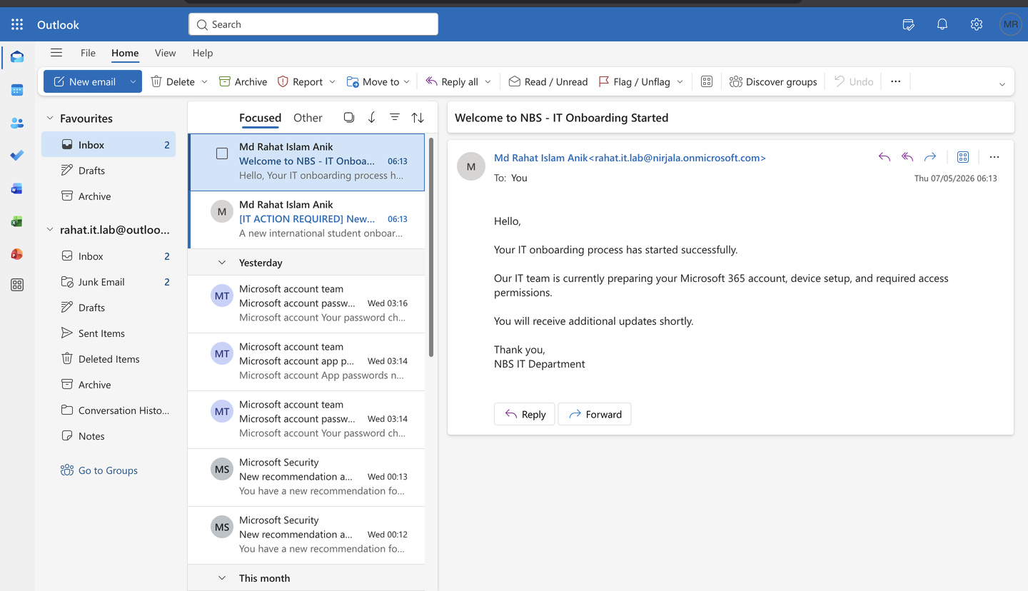 Student IT onboarding started email in inbox
