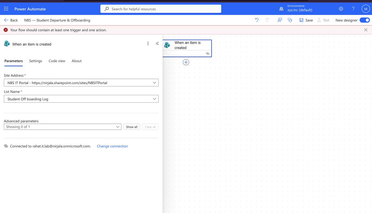 Student Departure Offboarding Power Automate flow configuration
