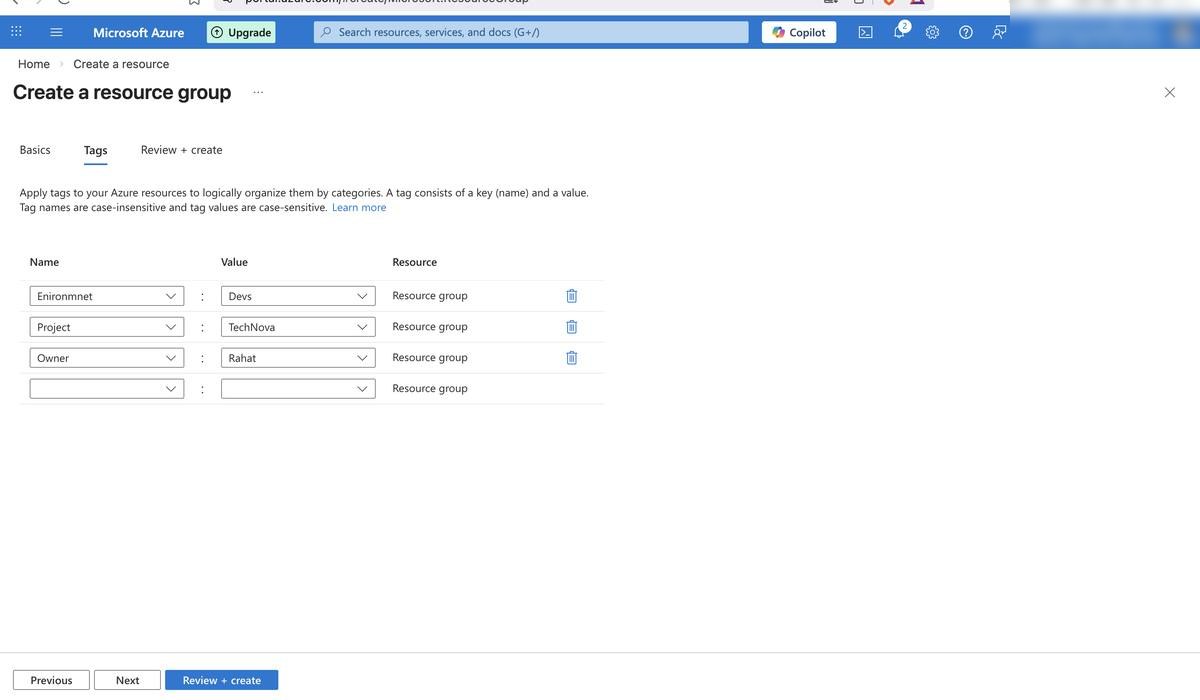 Resource tags applied — Environment, Project, Owner