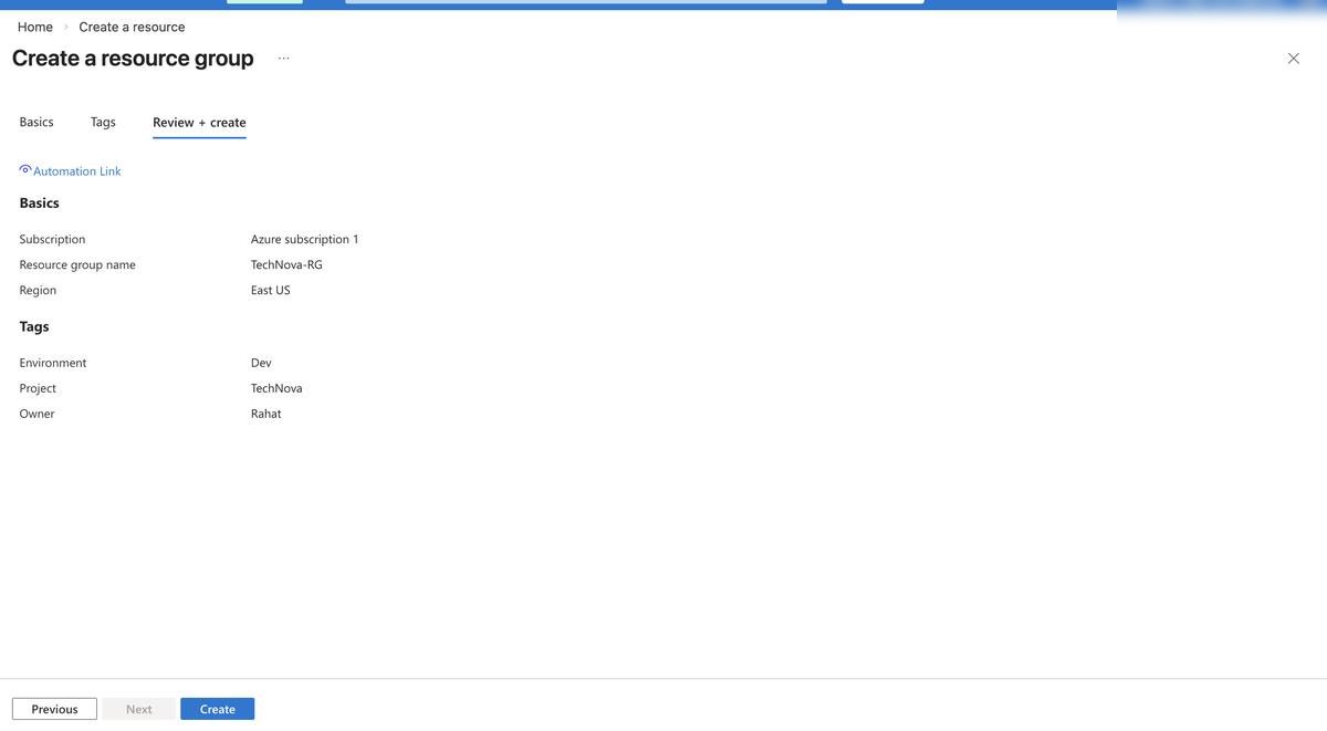 Resource Group review and create confirmation