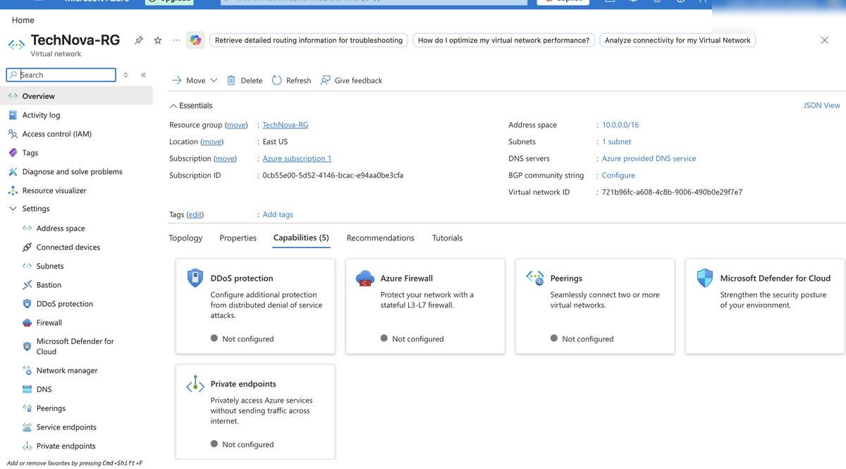 App VNet — address space and subnet configuration