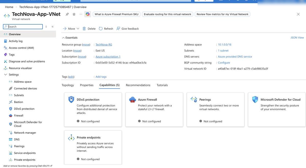 App VNet — subnet details and peering settings