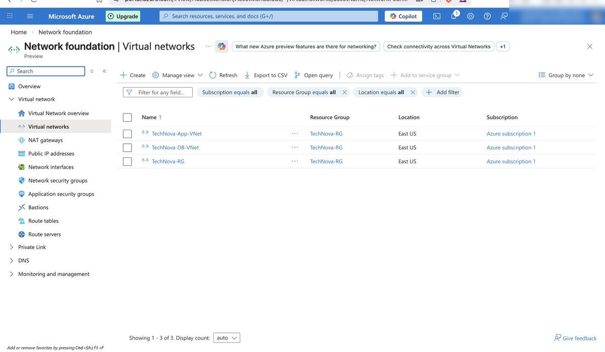 All three VNets deployed — Hub, App, and DB