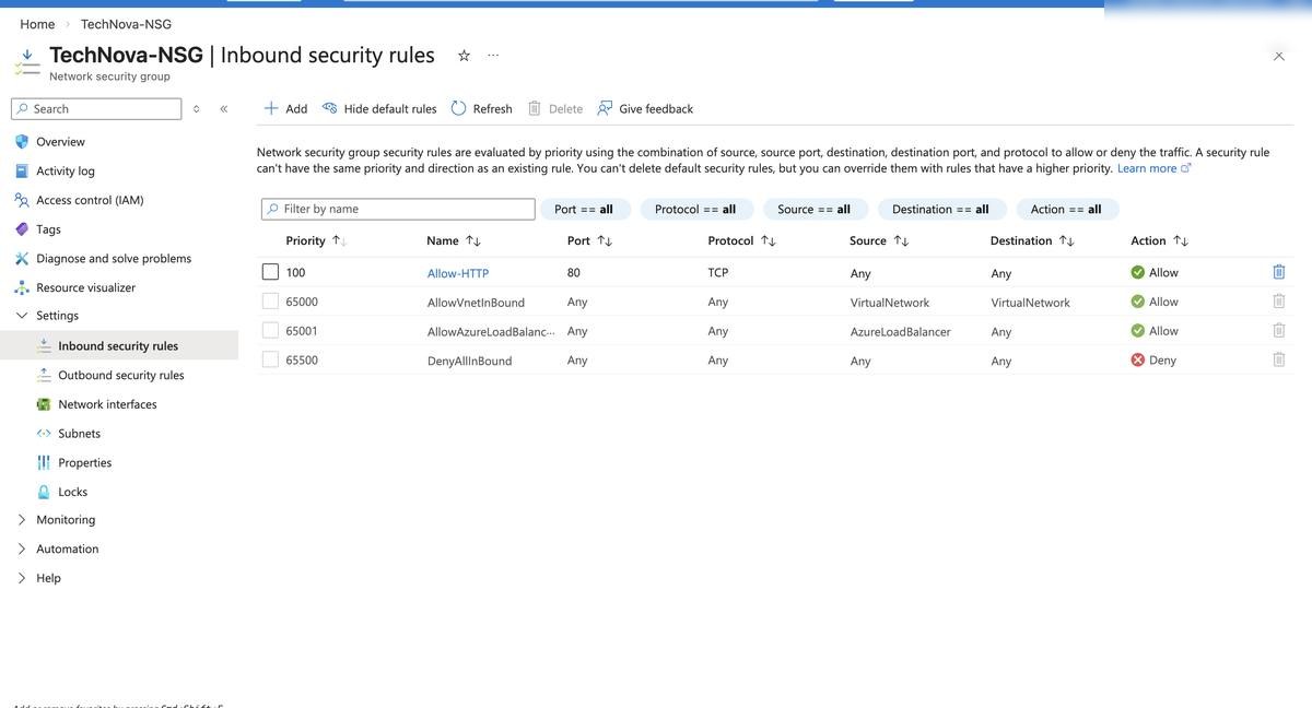 NSG — HTTP port 80 and HTTPS port 443 rules configured