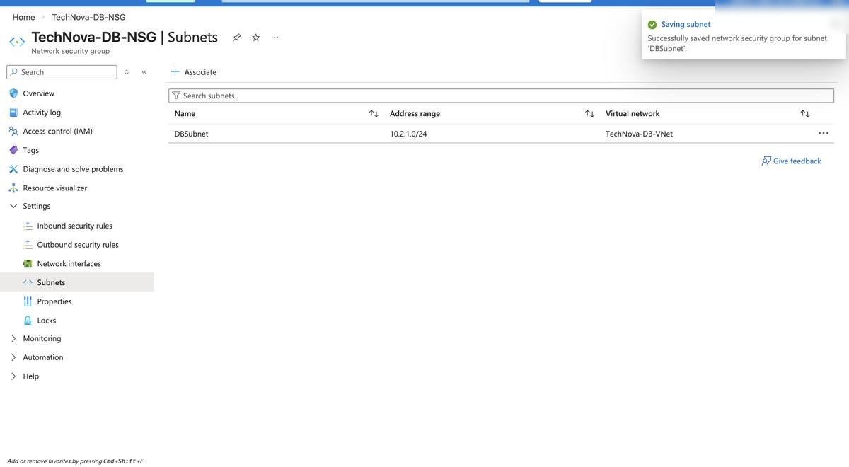 NSG associated to subnet — traffic filtering active