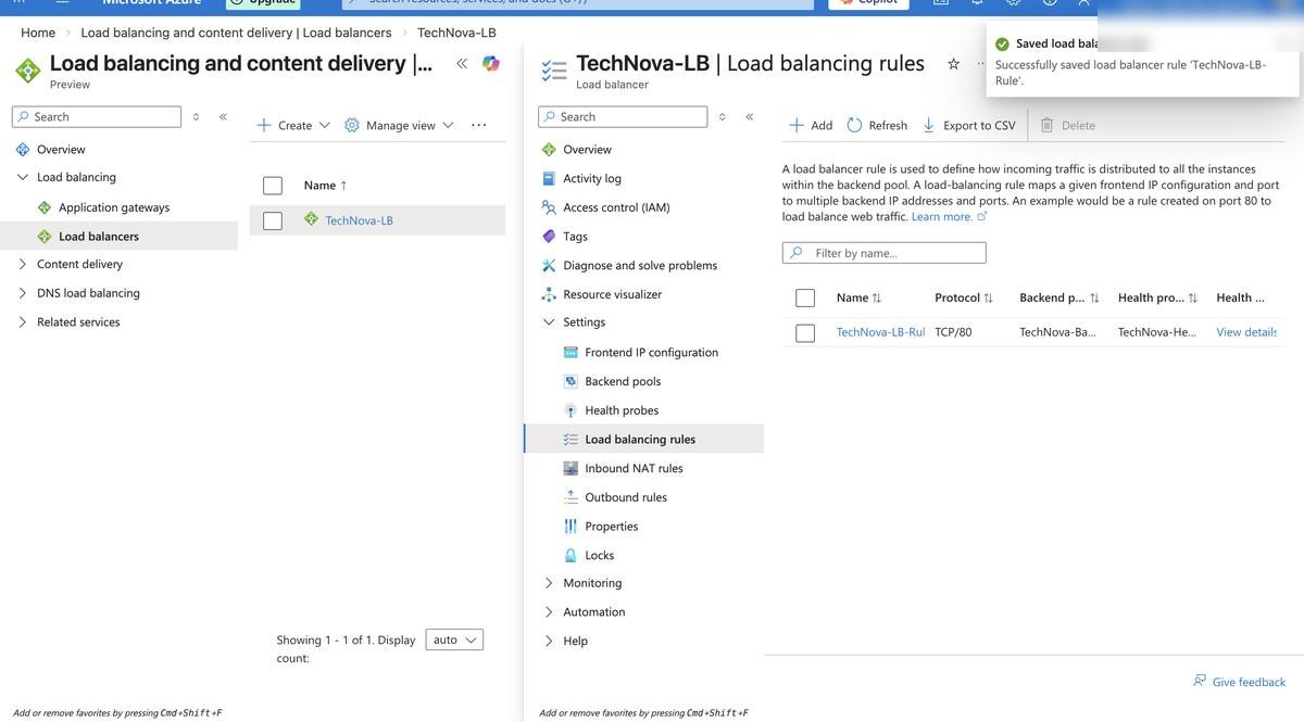 Load Balancing Rule — port 80 traffic distribution