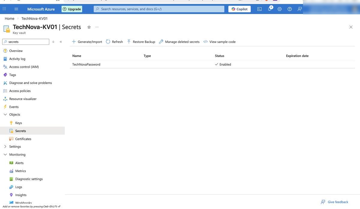 Key Vault — secret storage pattern configured