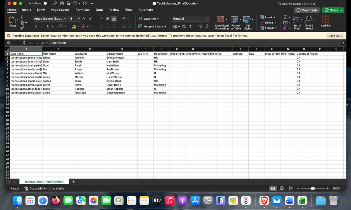 CSV file prepared — 10 TechSolutions users with department and UPN fields