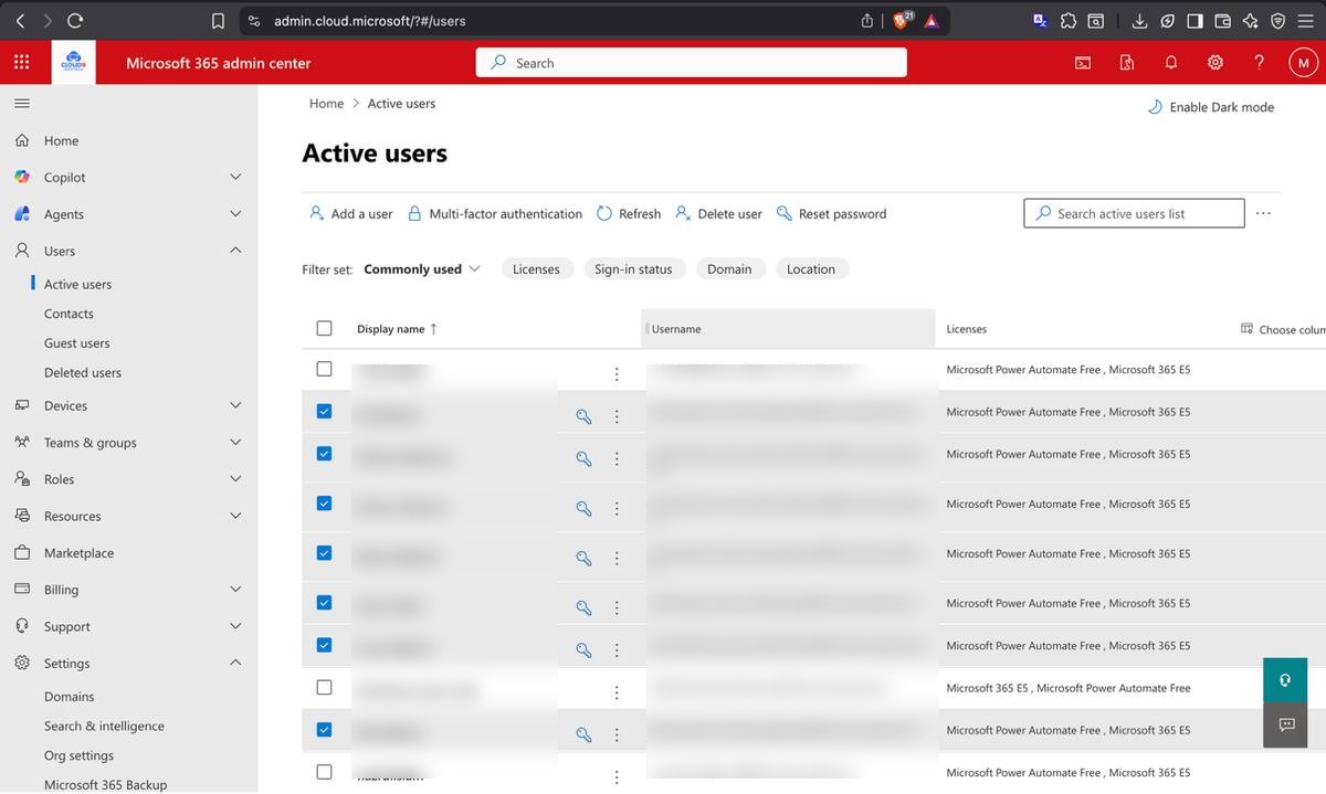 M365 Admin Center — all users imported and displaying E5 license assignments