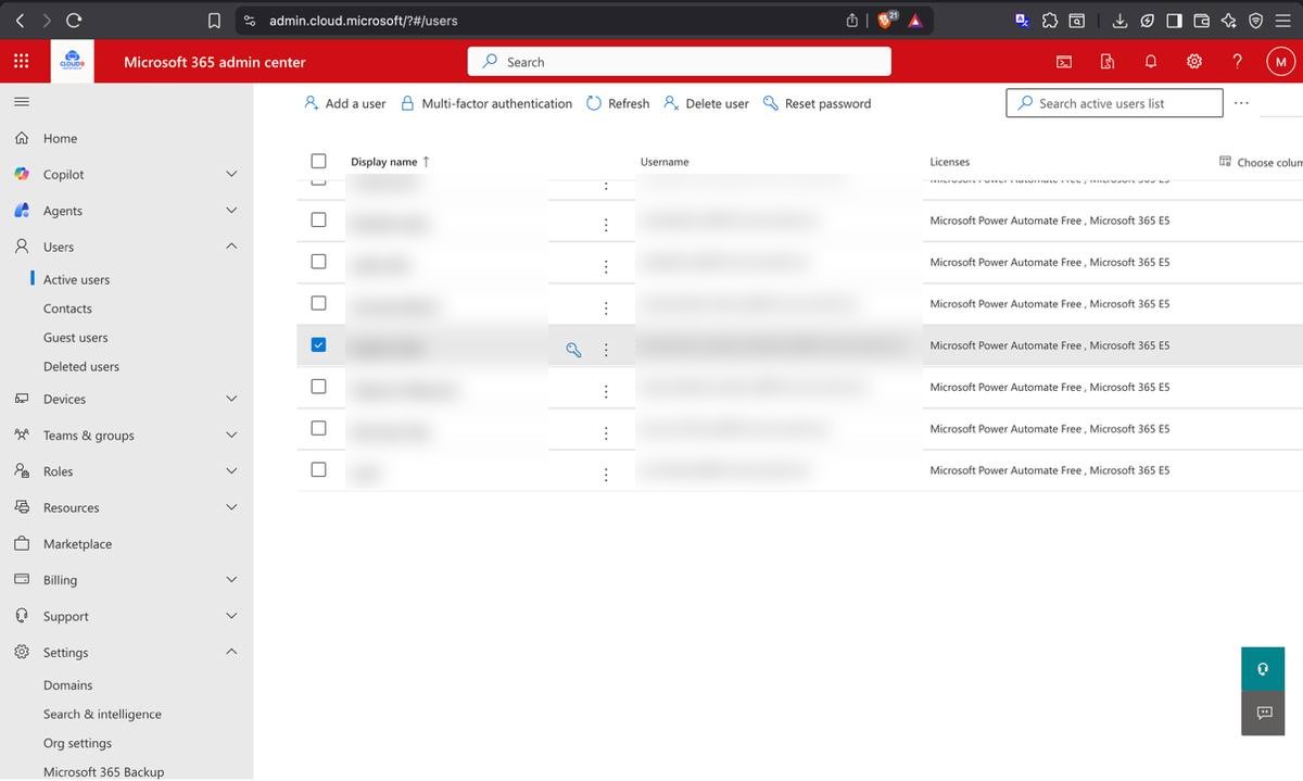 Active users with E5 licenses confirmed — all TechSolutions accounts licensed
