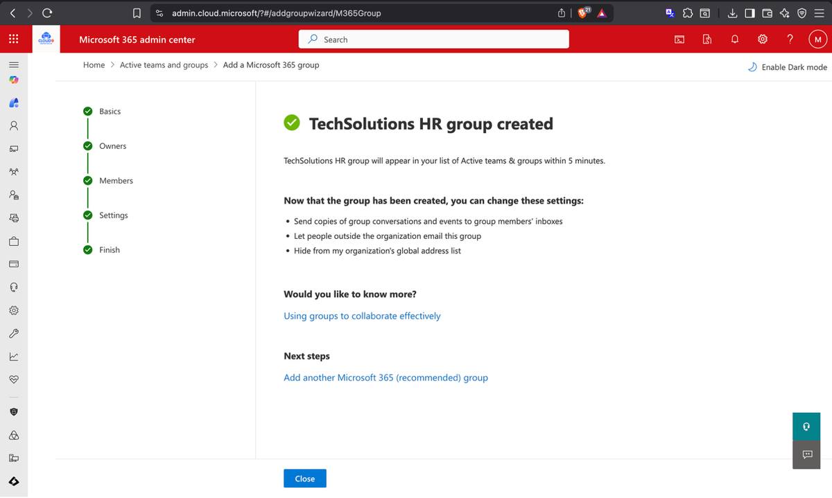 TechSolutions HR group — sample members configured