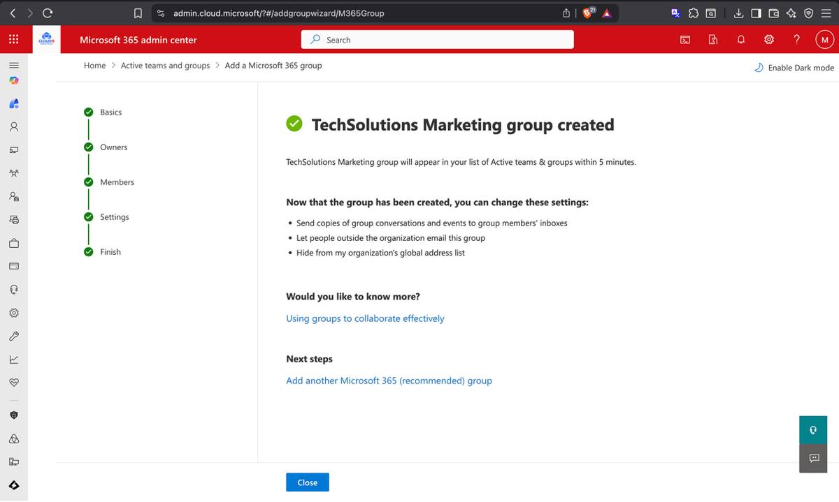 Marketing team created in Microsoft Teams — all Marketing users added as members