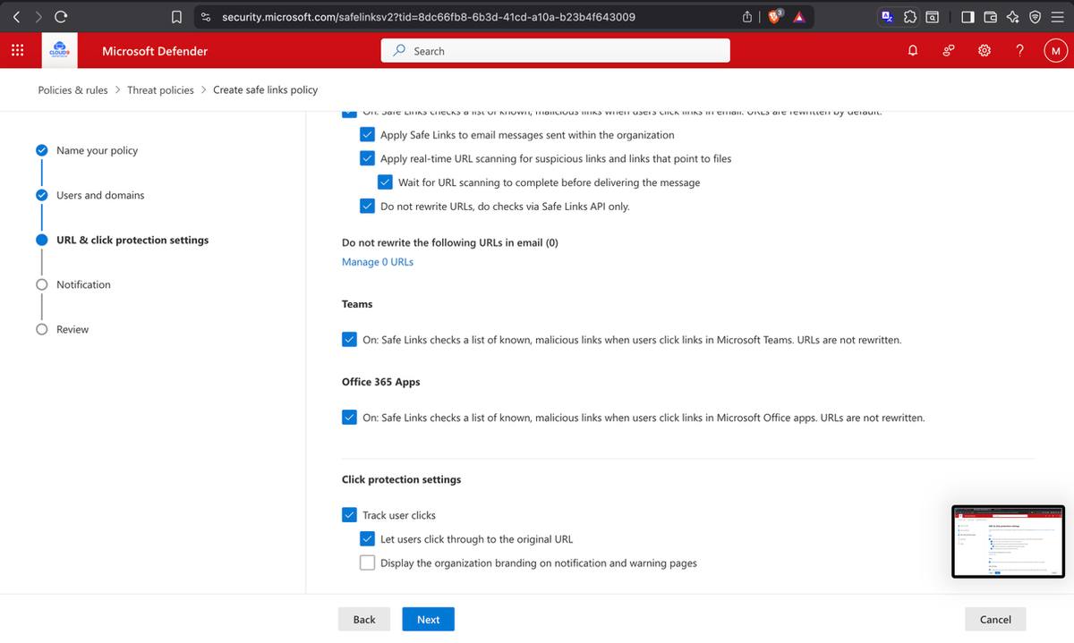 Safe Links — real-time URL scanning and link rewriting enabled