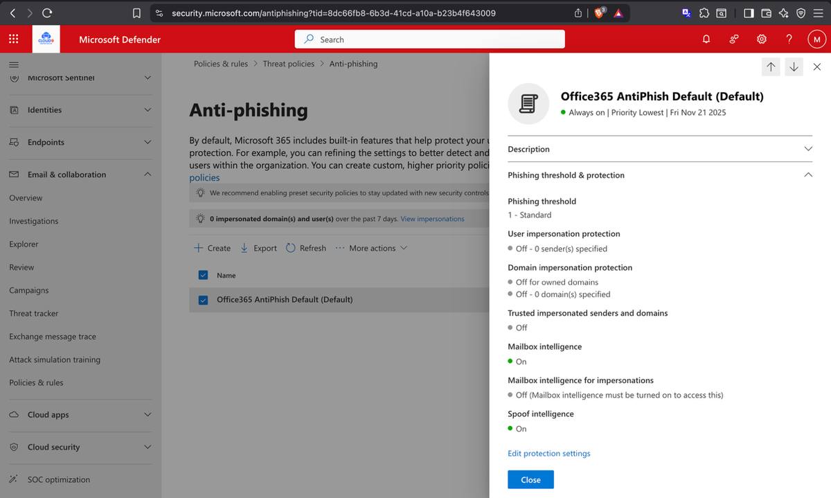Anti-phishing policy — mailbox intelligence and spoof intelligence both enabled