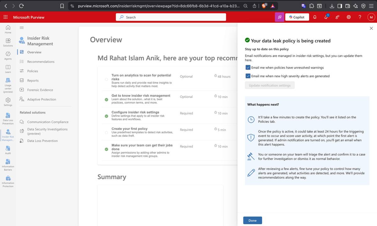 Insider Risk Management — data leak policy healthy, all active users in scope