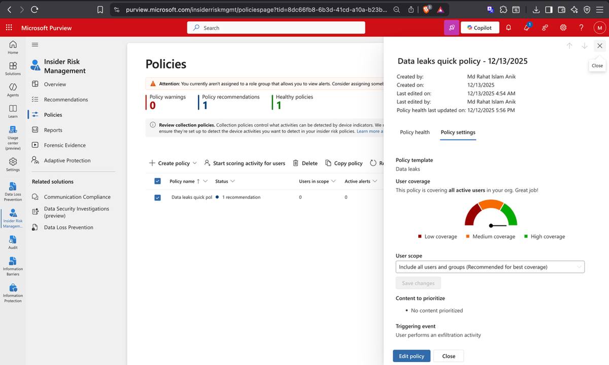 Data leaks quick policy — policy settings and user coverage confirmed
