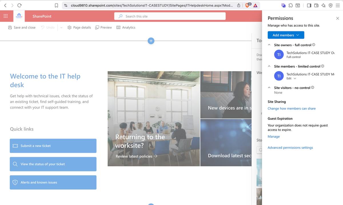 TechSolutions IT SharePoint site — site home with permissions panel