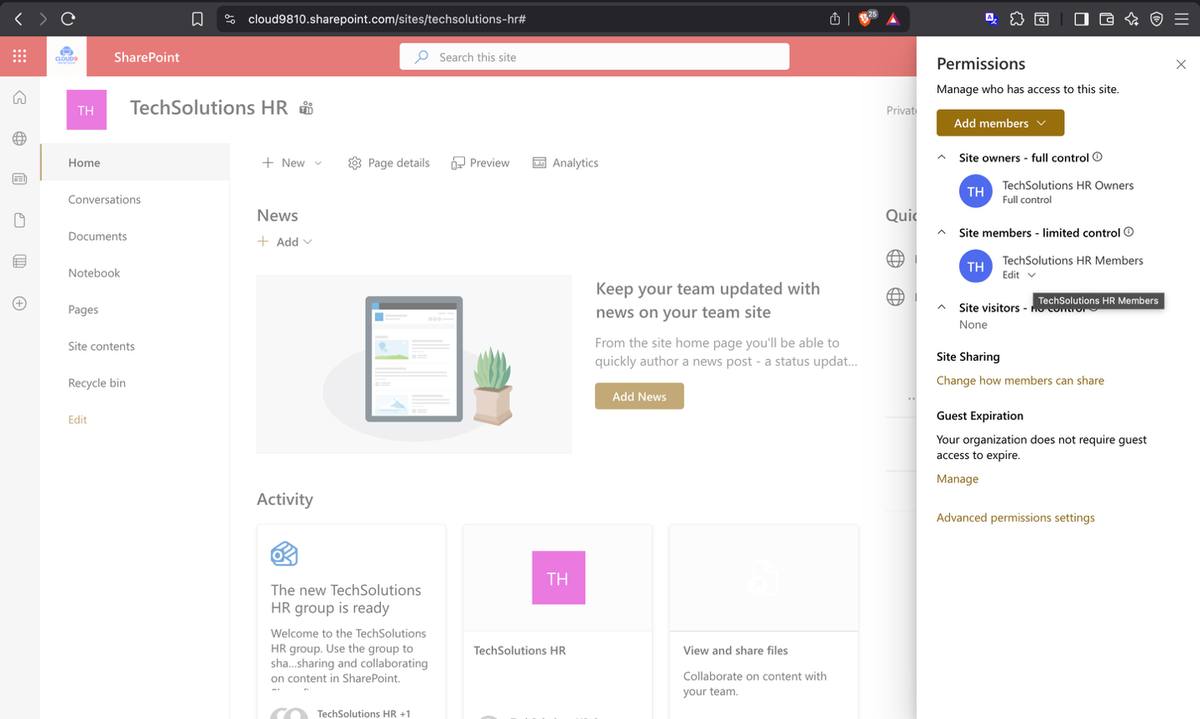 TechSolutions HR SharePoint site — Full Control for Owners, Edit for Members only