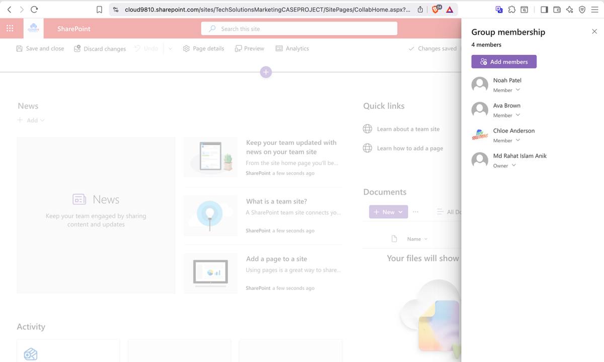 TechSolutions Marketing site — departmental members and permission tiers