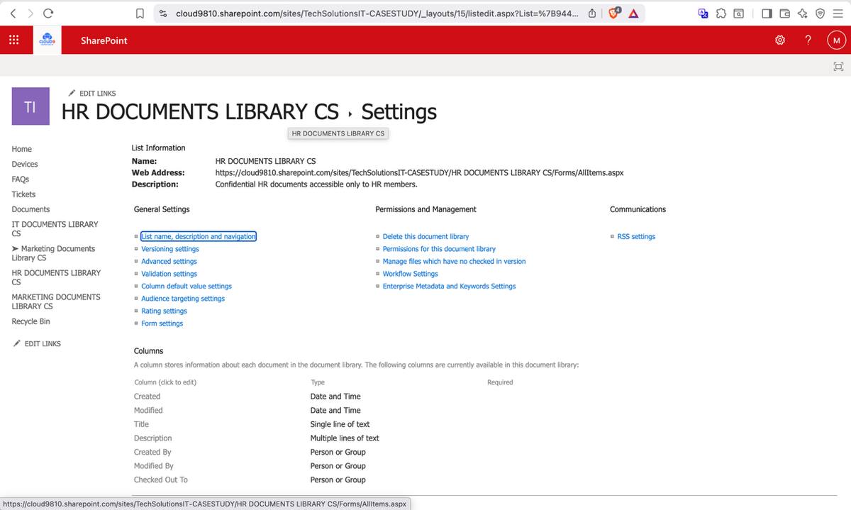 HR Documents Library CS — settings page showing library configuration