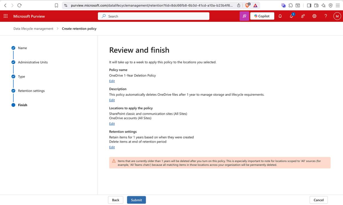 OneDrive 5-year retention policy — created and confirmed active in Purview