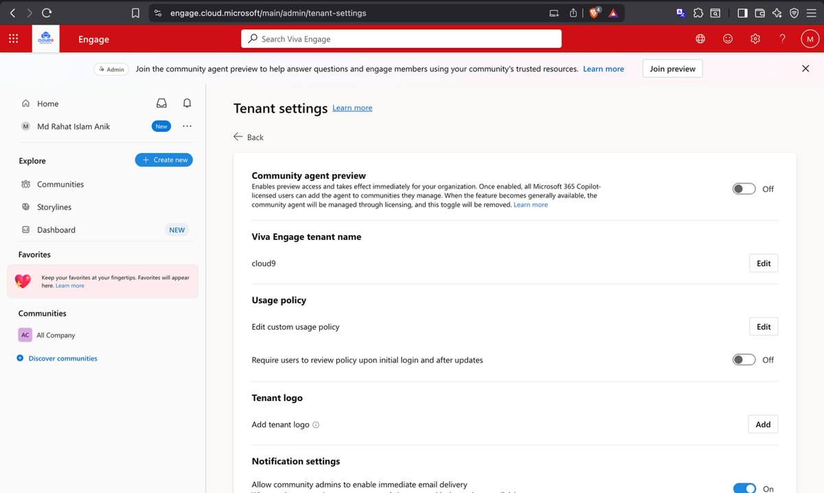 Viva Engage tenant settings — internal-only policy being applied