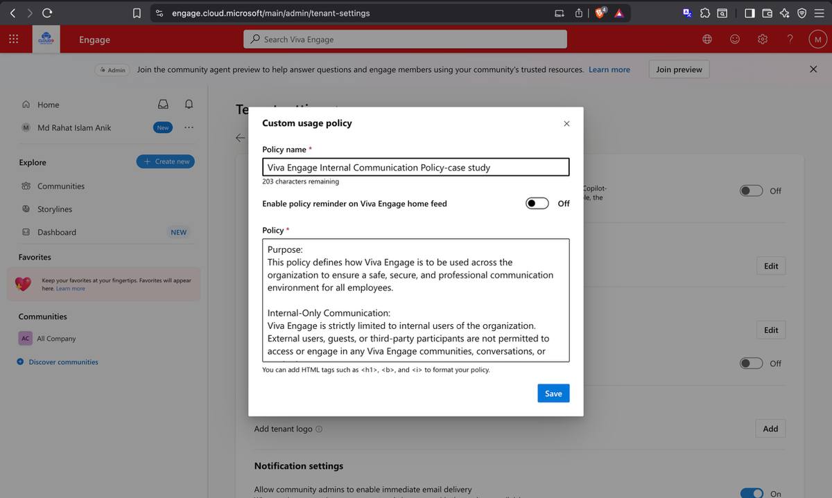 Internal-only usage policy confirmed — Changes saved banner visible