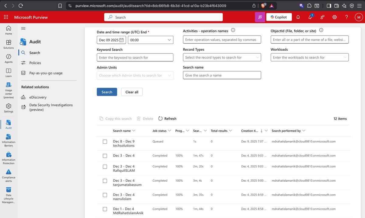 Audit search results — file activity records returned for compliance review