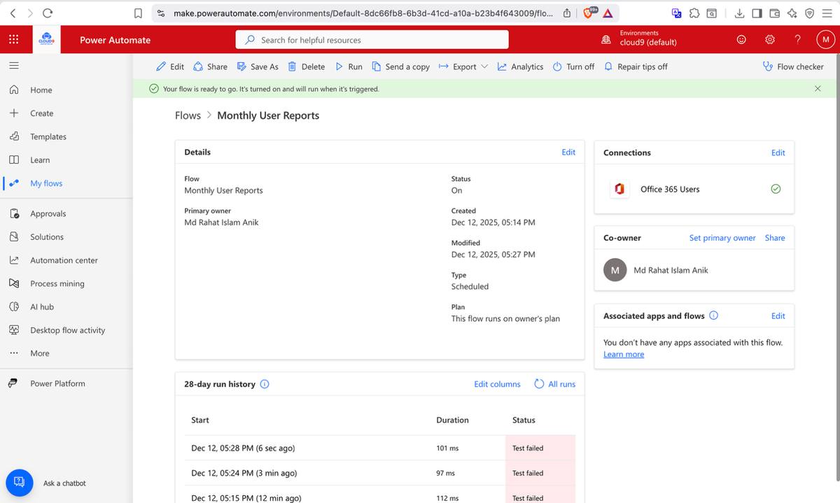 Power Automate — Monthly User Reports flow details and run schedule