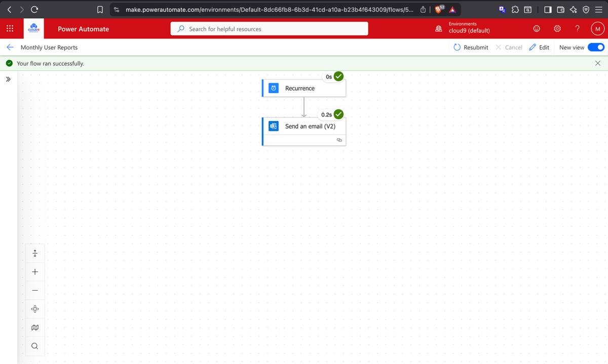 Power Automate — flow confirmed active and running on schedule