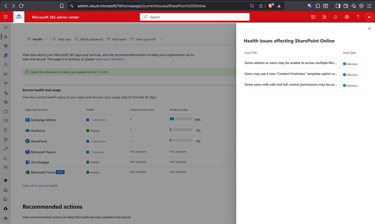M365 Admin Center — Service Health dashboard showing all services operational