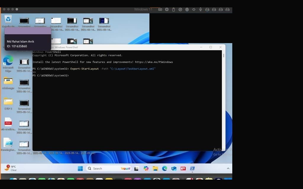 Layout file contents — pinned apps visible in XML