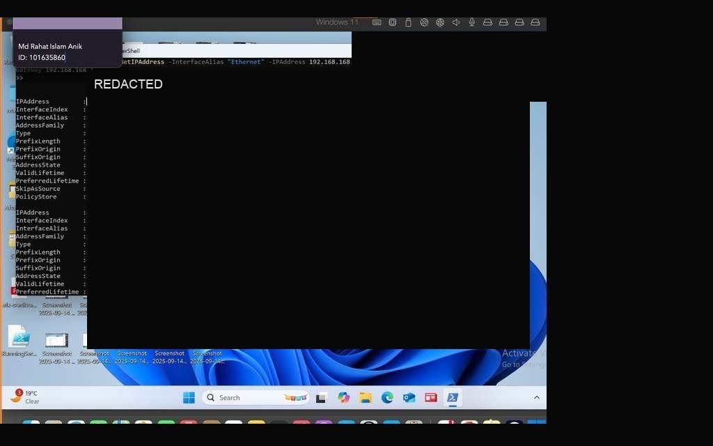 New-NetIPAddress command executed — static IP redacted lab IPv4 address applied