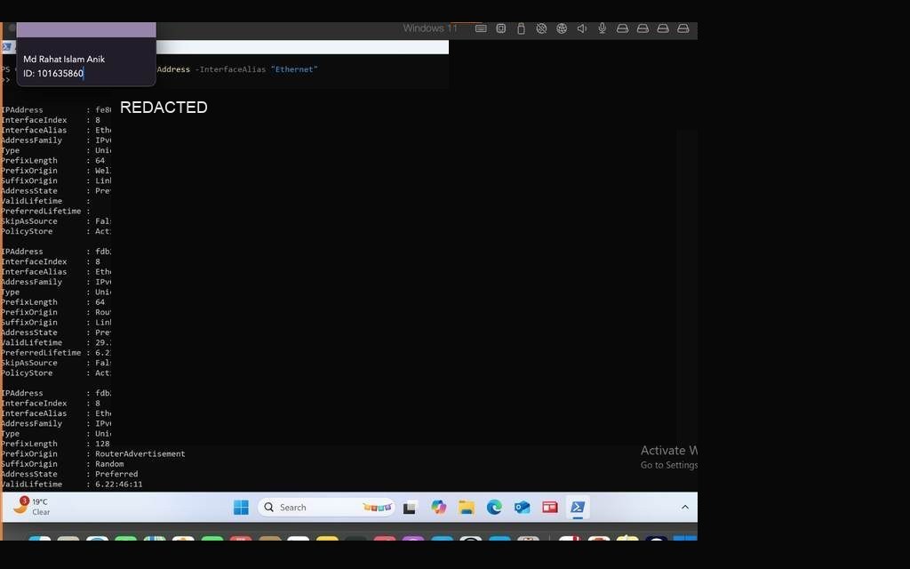 ipconfig /all output — static IP confirmed on adapter