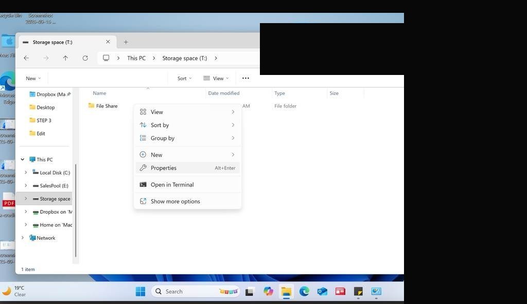 Folder properties — confirming location on storage pool drive
