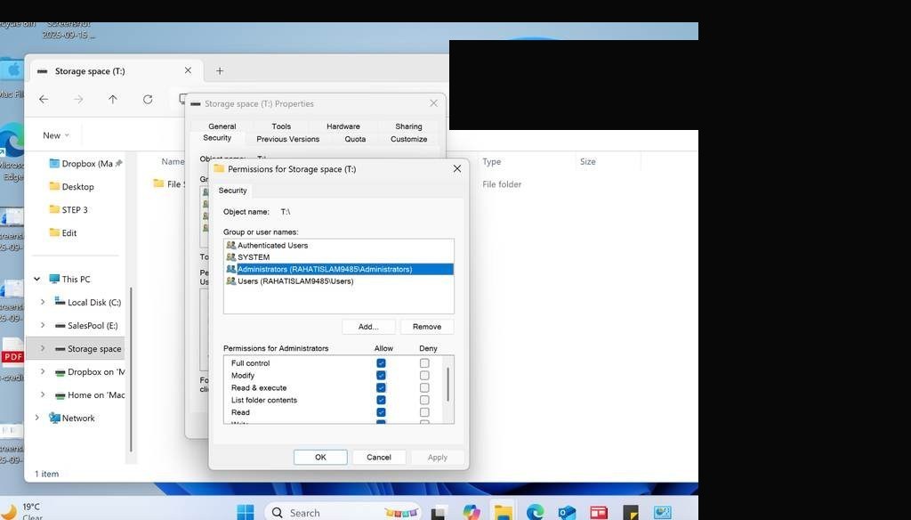 Advanced Sharing dialog — folder being shared on network